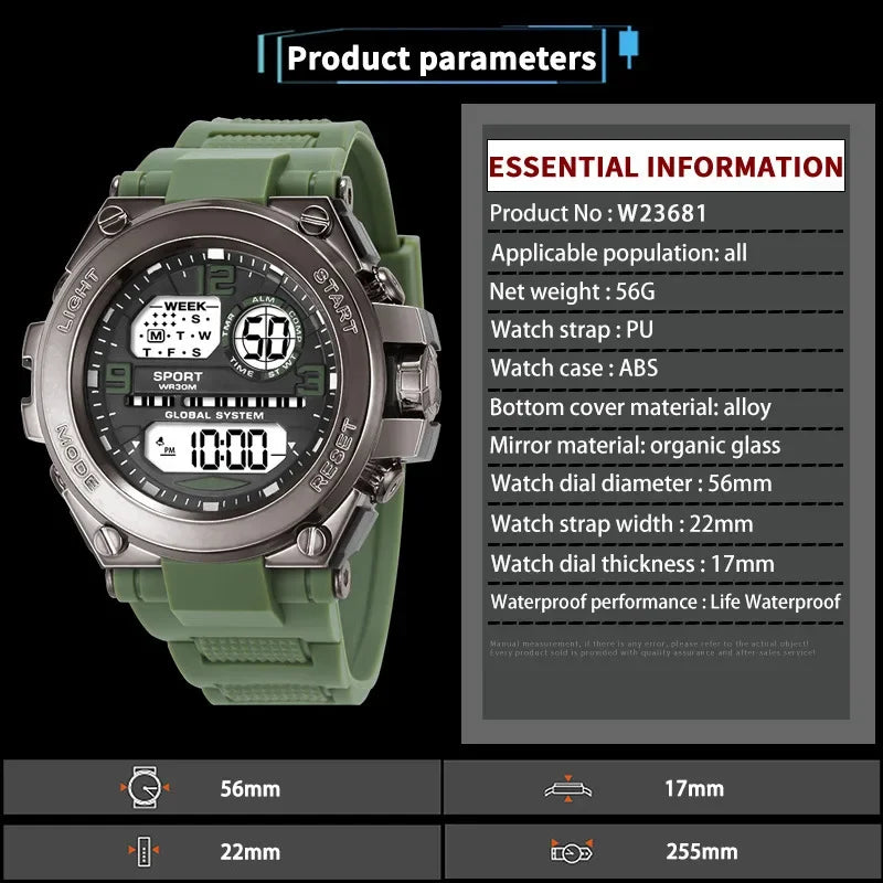 Relógio Masculino Esportivo Militar LED – Multifunção, Alarme e Tela Iluminada