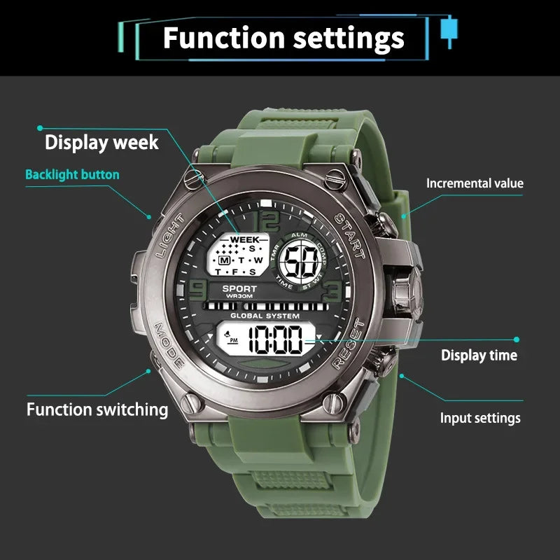 Relógio Masculino Esportivo Militar LED – Multifunção, Alarme e Tela Iluminada